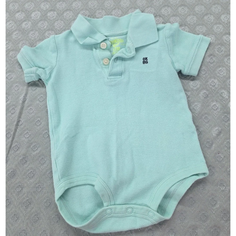 OshKosh Bgosh Baby Boy Mint Green Polo Bodysuit Short Sleeve 12M Pique Knit